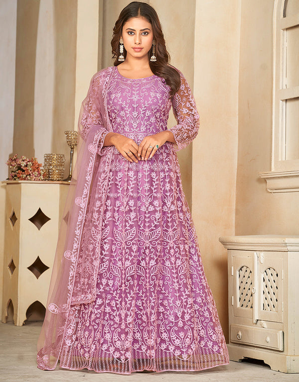modern purple net heavy designer wedding wear salwar suit with purple santoon 13688-acy4254 Front View